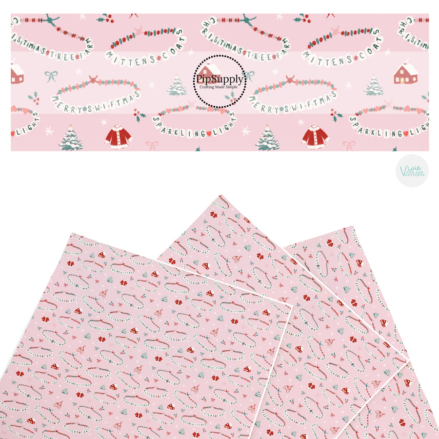 These Christmas themed pattern faux leather sheets contain the following design elements: Christmas friendship bracelets on pink. Our CPSIA compliant faux leather sheets or rolls can be used for all types of crafting projects.