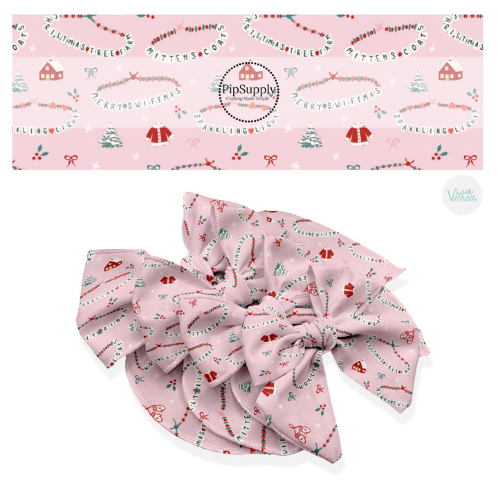 These Christmas themed no sew bow strips can be easily tied and attached to a clip for a finished hair bow. These fun patterned bow strips are great for personal use or to sell. These bow strips feature the following design elements: Christmas friendship bracelets on pink.