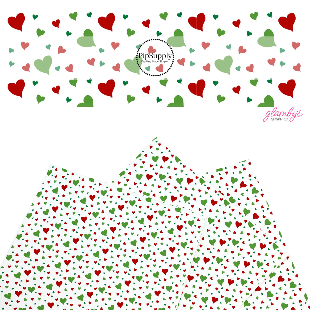 These Christmas themed pattern faux leather sheets contain the following design elements: red and green hearts on cream. Our CPSIA compliant faux leather sheets or rolls can be used for all types of crafting projects.