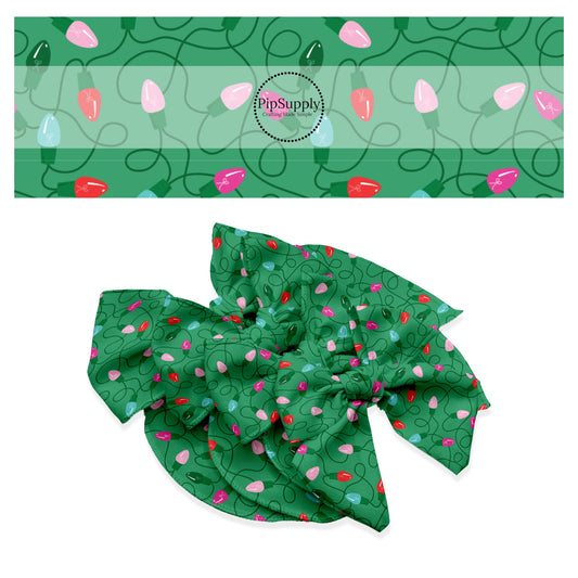 Multi pink, red, blue, and green tangled christmas lights on green hair bow strips