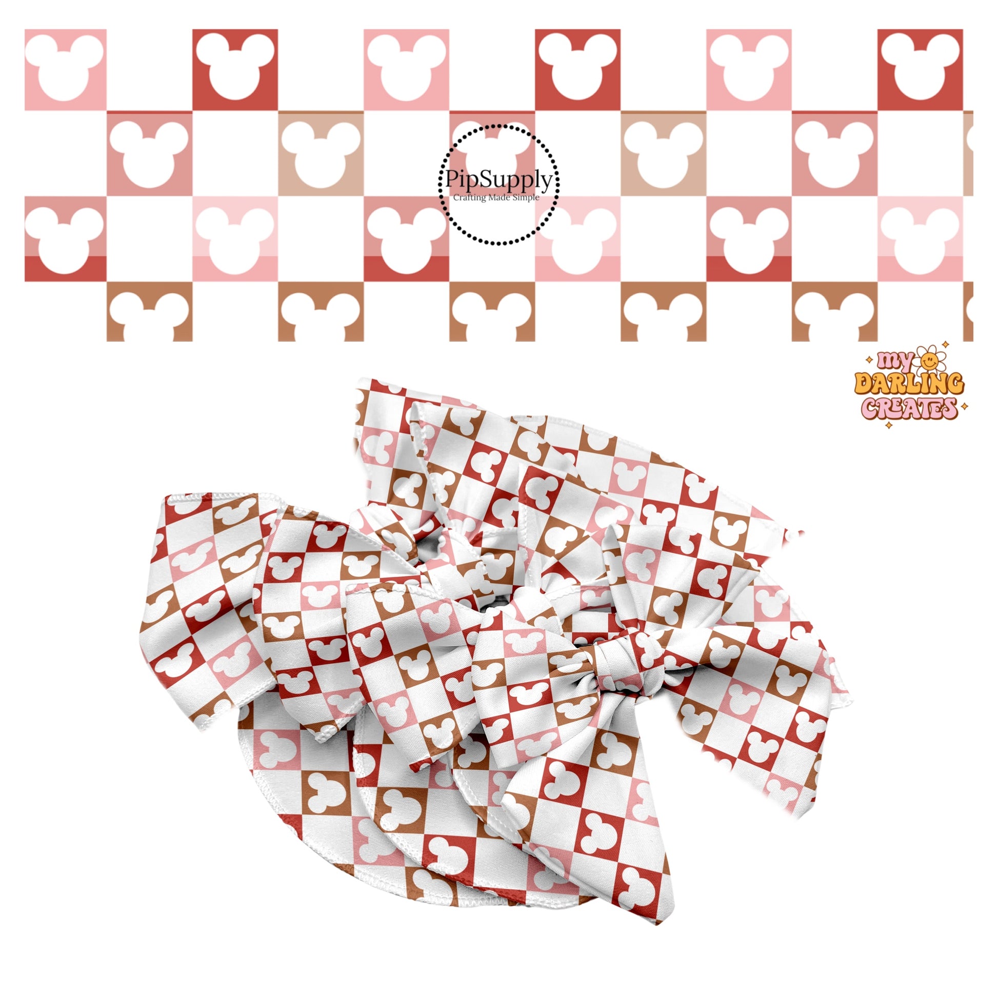 Red, pink, and brown mouse head cutouts on white checkered hair bow strips