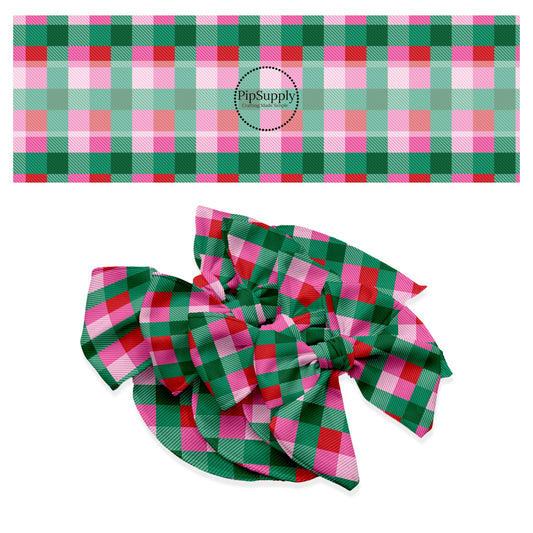 Striped green, red, and pink grid hair bow strips