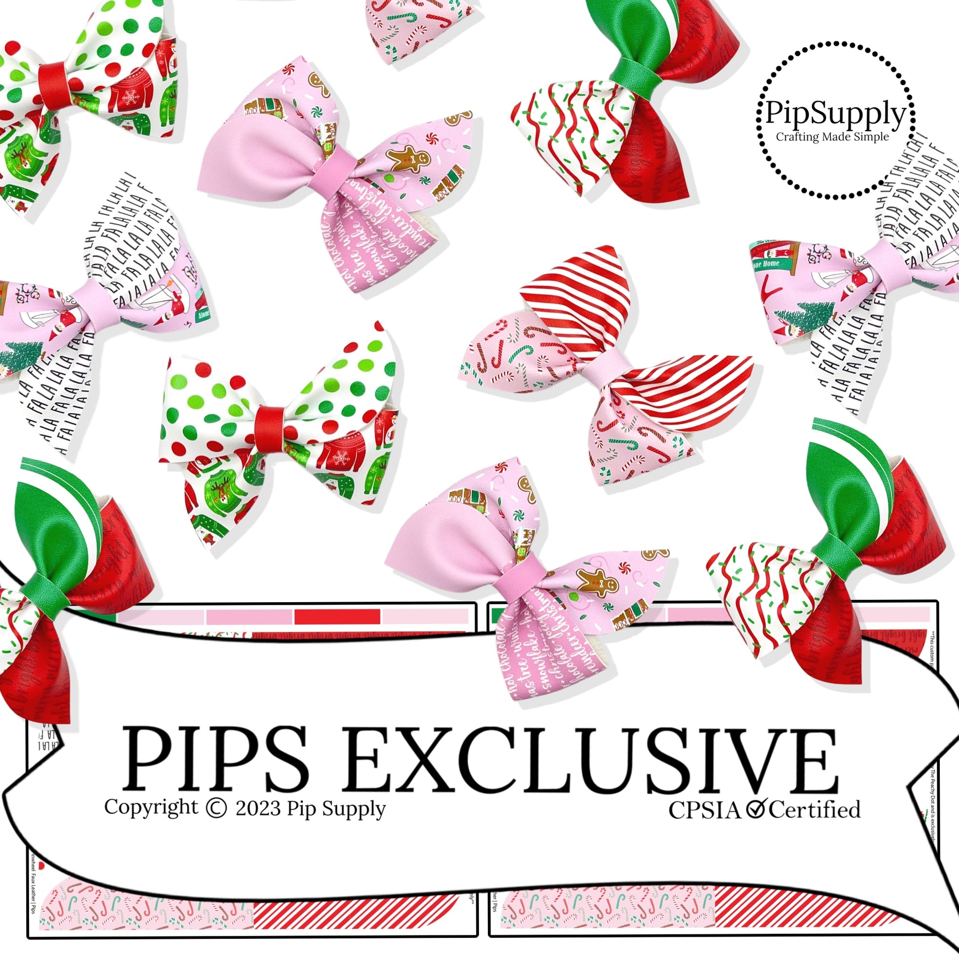 candy cane stripes, candy canes, tree cakes, christmas sayings, elves, and gingerbread on faux leather hair bows