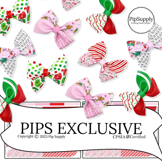 candy cane stripes, candy canes, tree cakes, christmas sayings, elves, and gingerbread on faux leather hair bows