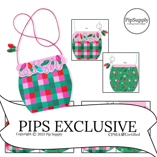 pink, green, and red plaid with christmas lights faux leather purse