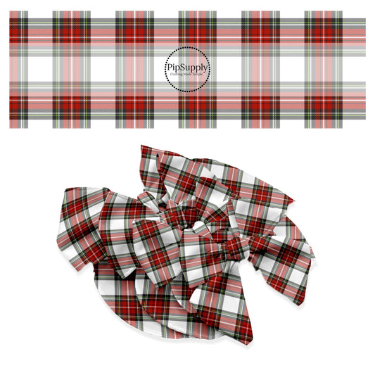 Red, green, and white christmas tartan hair bow strips