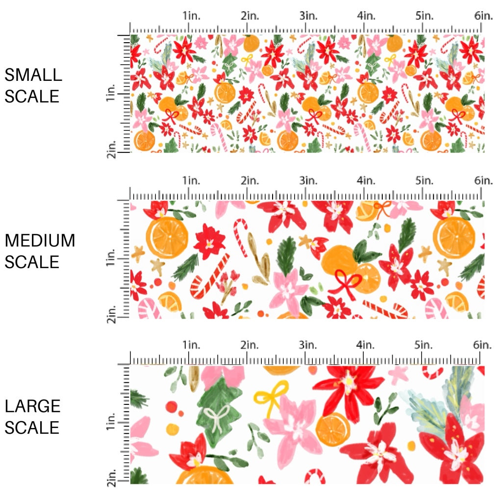 These Christmas themed pattern fabric by the yard features the following design elements: Christmas simmer flowers and oranges on cream. This fun themed fabric can be used for all your sewing and crafting needs!