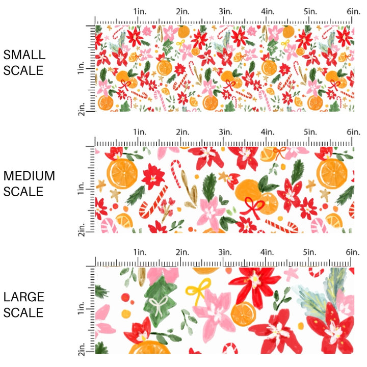 These Christmas themed pattern fabric by the yard features the following design elements: Christmas simmer flowers and oranges on cream. This fun themed fabric can be used for all your sewing and crafting needs!