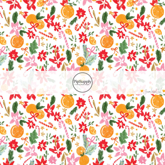 These Christmas themed pattern fabric by the yard features the following design elements: Christmas simmer flowers and oranges on cream. This fun themed fabric can be used for all your sewing and crafting needs!