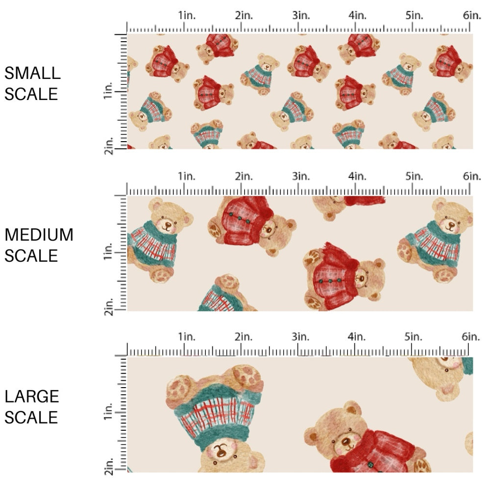 These Christmas themed pattern fabric by the yard features the following design elements: Christmas teddy bear pattern. This fun themed fabric can be used for all your sewing and crafting needs!