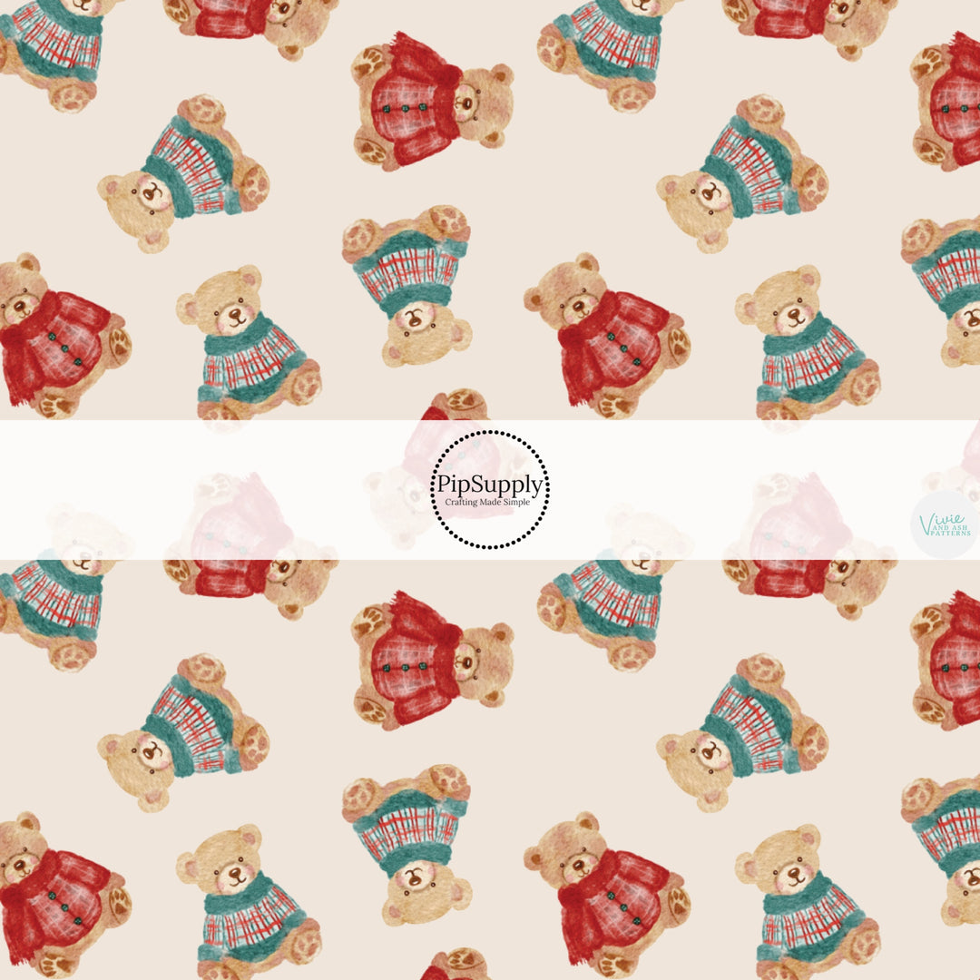 These Christmas themed pattern fabric by the yard features the following design elements: Christmas teddy bear pattern. This fun themed fabric can be used for all your sewing and crafting needs!