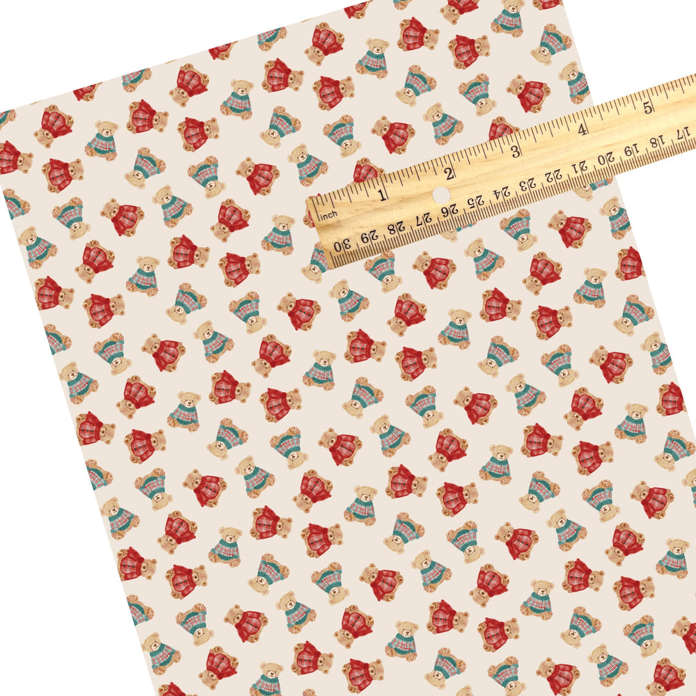 These Christmas themed pattern faux leather sheets contain the following design elements: Christmas teddy bear pattern. Our CPSIA compliant faux leather sheets or rolls can be used for all types of crafting projects.