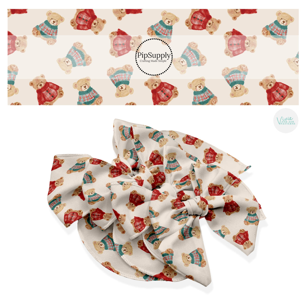 These Christmas themed no sew bow strips can be easily tied and attached to a clip for a finished hair bow. These fun patterned bow strips are great for personal use or to sell. These bow strips feature the following design elements: Christmas teddy bear pattern.