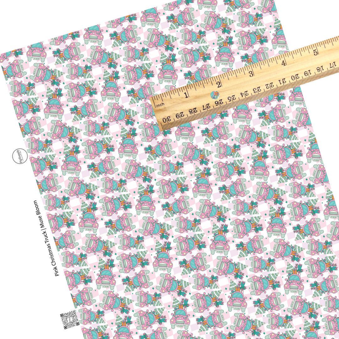 Pink and white checkered with pink christmas truck faux leather sheets