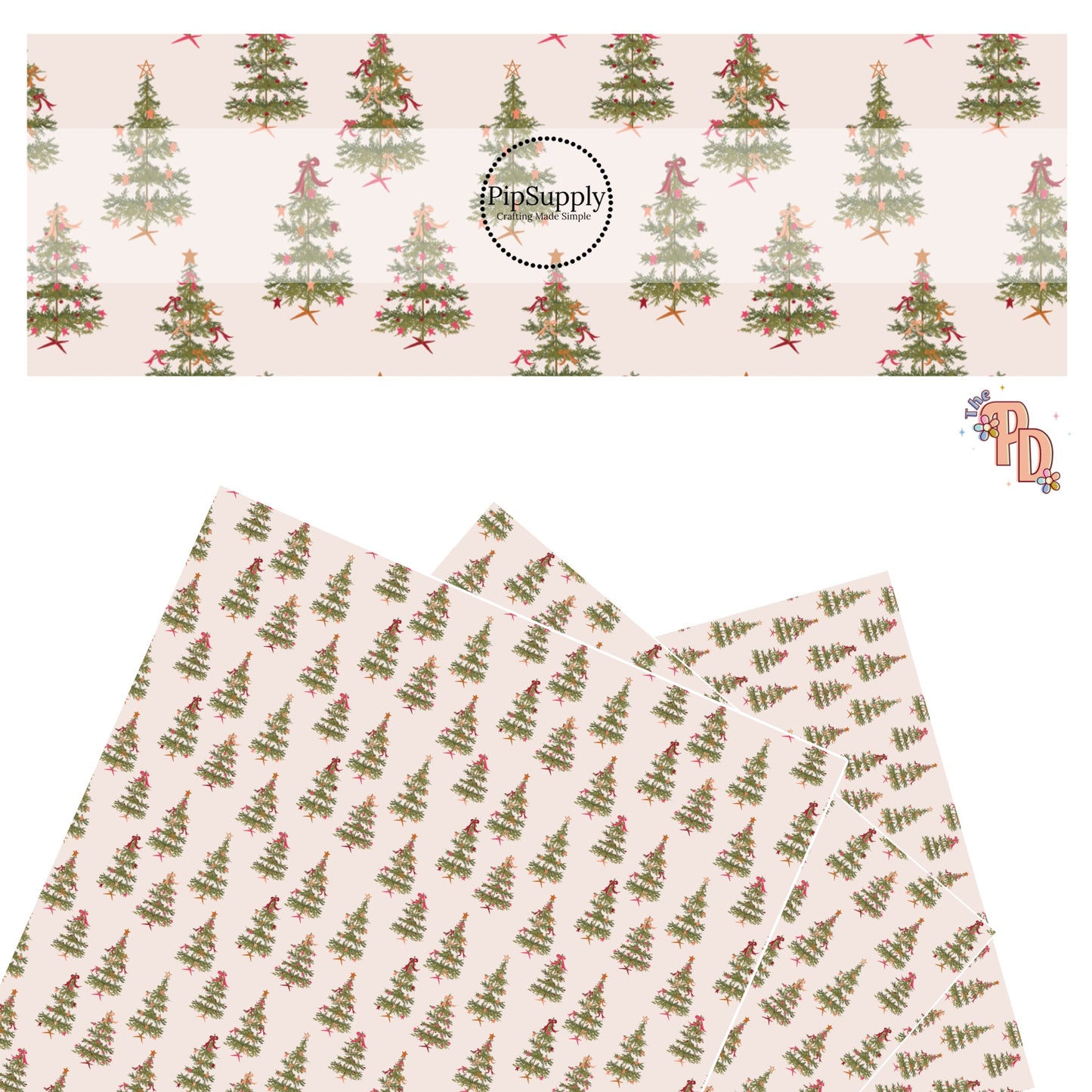 Christmas trees with bows and ornaments on cream faux leather sheets