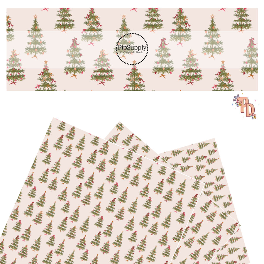 Christmas trees with bows and ornaments on cream faux leather sheets