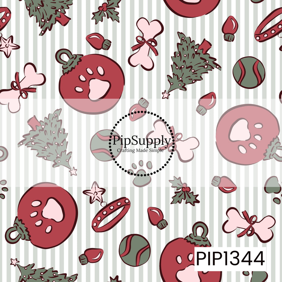 A festive dog-themed Christmas seamless pattern featuring adorable paw print ornaments, pink dog bones tied with red bows, decorated Christmas trees, tennis balls, and playful dog collars. Scattered holiday accents include holly leaves, tiny stars, and Christmas light bulbs in shades of dusty rose, cranberry red, sage green, and soft pink. Set against a white background with thin vertical sage green stripes for a sweet and playful holiday look.