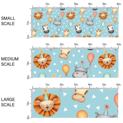 This scale chart of small scale, medium scale, and large scale of these animal themed fabric by the yard features party themed zoo animals with balloons on blue. This fun party themed fabric can be used for all your sewing and crafting needs!