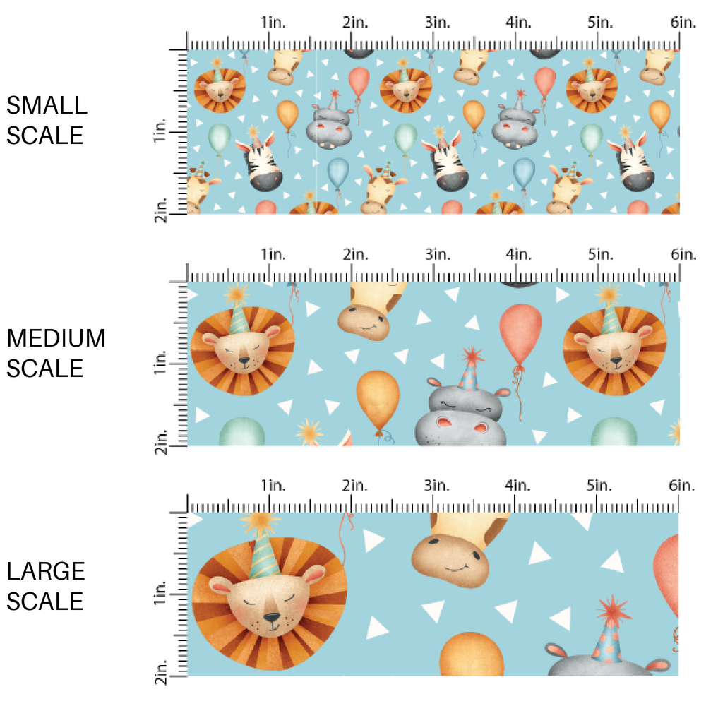 This scale chart of small scale, medium scale, and large scale of these animal themed fabric by the yard features party themed zoo animals with balloons on blue. This fun party themed fabric can be used for all your sewing and crafting needs!