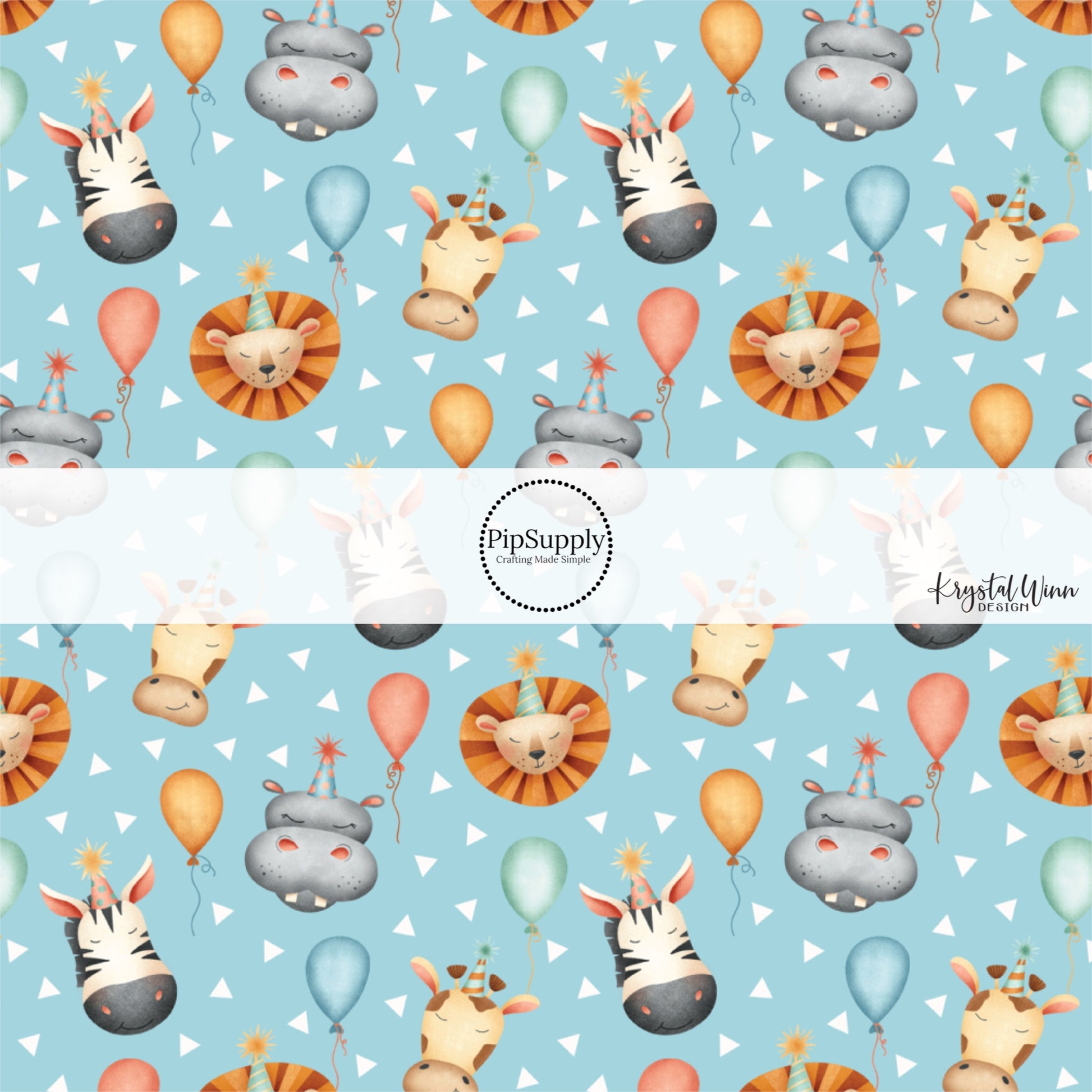 These animal themed fabric by the yard features party themed zoo animals with balloons on blue. This fun party themed fabric can be used for all your sewing and crafting needs!