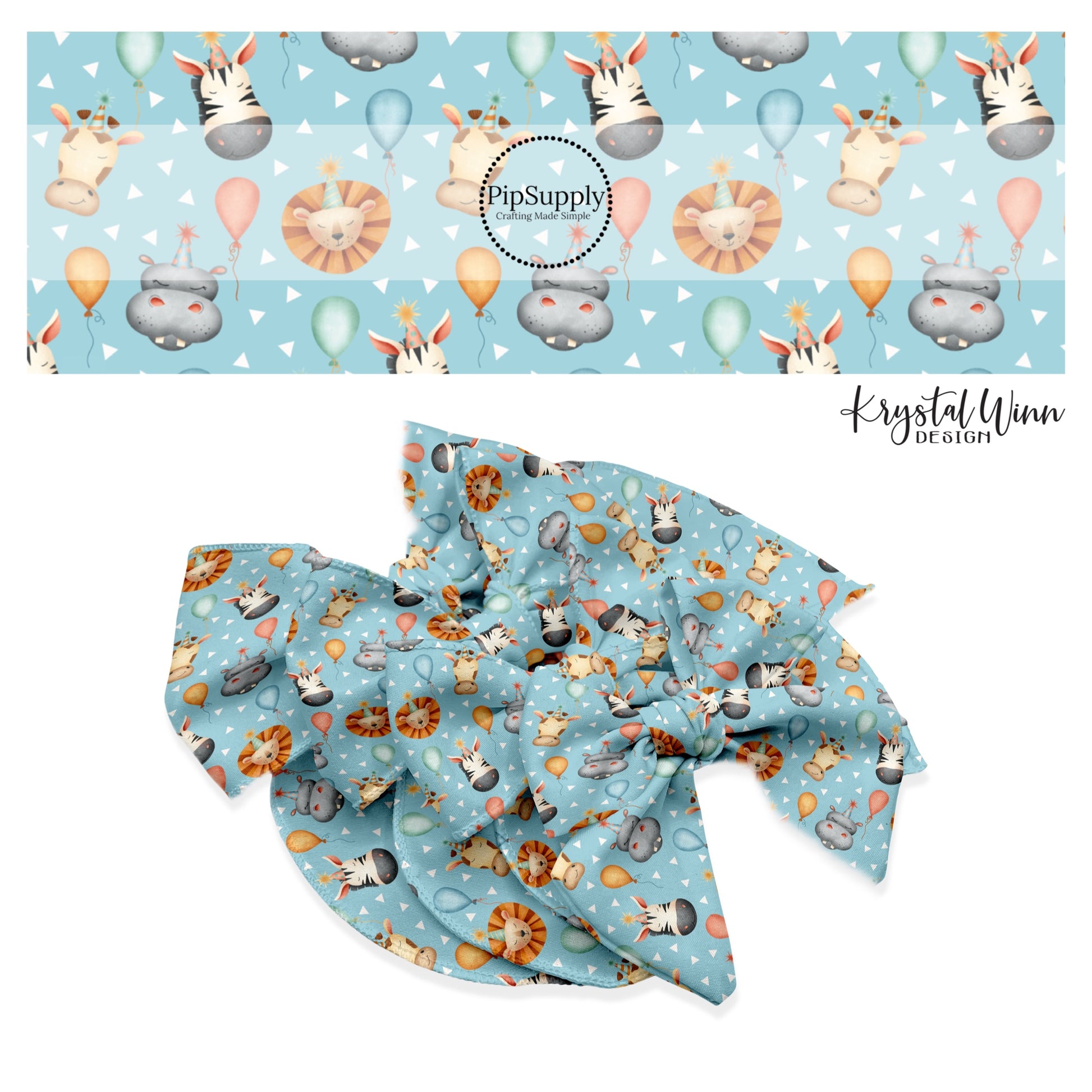 These animal themed no sew bow strips can be easily tied and attached to a clip for a finished hair bow. These fun party themed bow strips are great for personal use or to sell. The bow strips features party themed zoo animals with balloons on blue. 