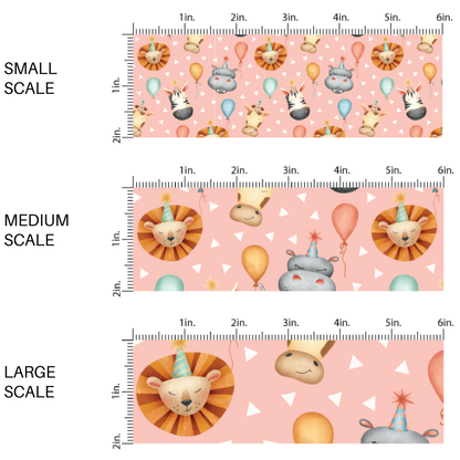This scale chart of small scale, medium scale, and large scale of these animal themed fabric by the yard features party themed zoo animals with balloons on light pink. This fun party themed fabric can be used for all your sewing and crafting needs! 