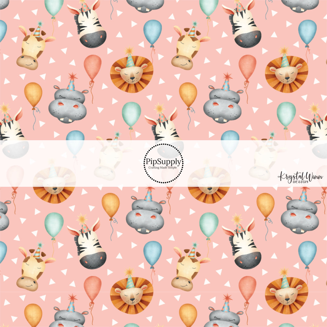 These animal themed fabric by the yard features party themed zoo animals with balloons on light pink. This fun party themed fabric can be used for all your sewing and crafting needs! 