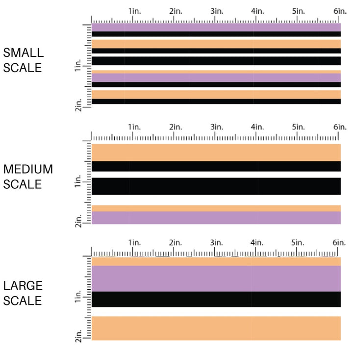 This scale chart of these Halloween themed pattern fabric by the yard features the following design elements: colorful stripe pattern. This fun spooky themed fabric can be used for all your sewing and crafting needs!