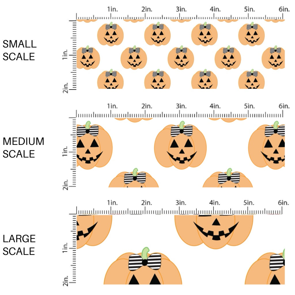 This scale chart of these Halloween themed pattern fabric by the yard features the following design elements: orange pumpkins with bows. This fun spooky themed fabric can be used for all your sewing and crafting needs!