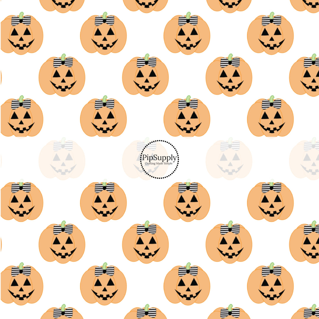 These Halloween themed pattern fabric by the yard features the following design elements: orange pumpkins with bows. This fun spooky themed fabric can be used for all your sewing and crafting needs!