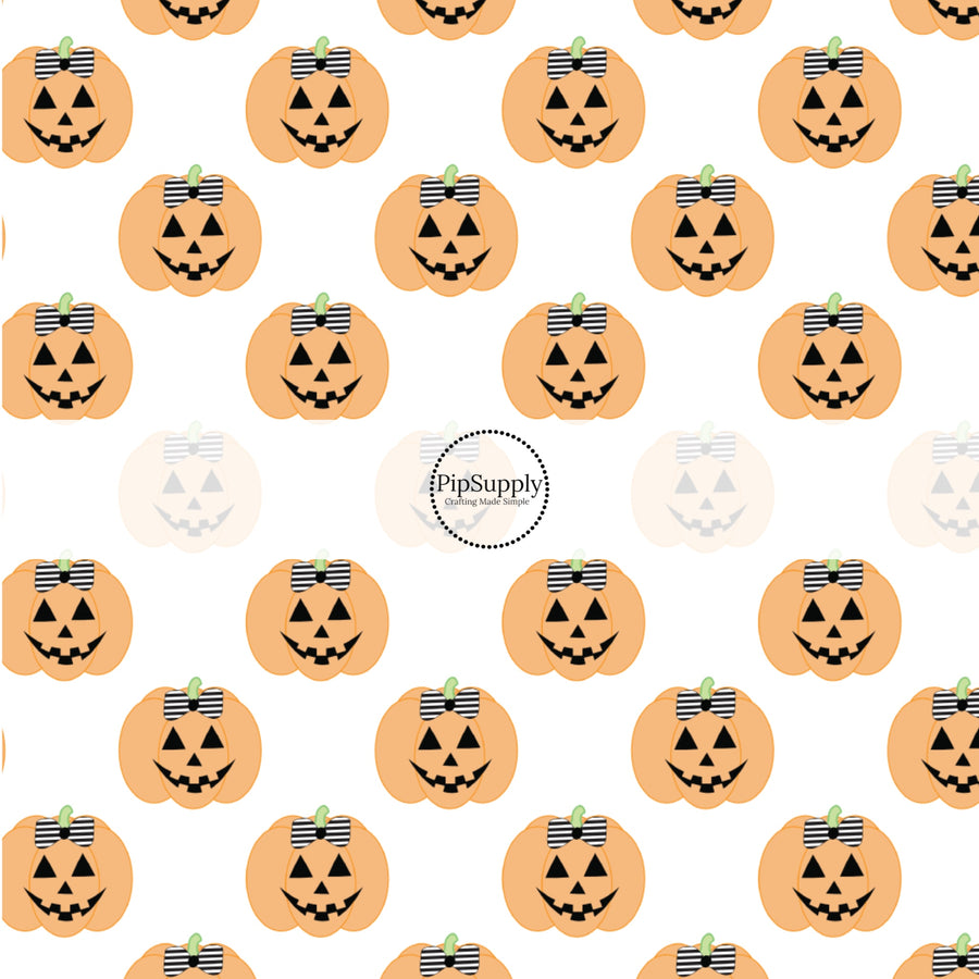 These Halloween themed pattern fabric by the yard features the following design elements: orange pumpkins with bows. This fun spooky themed fabric can be used for all your sewing and crafting needs!