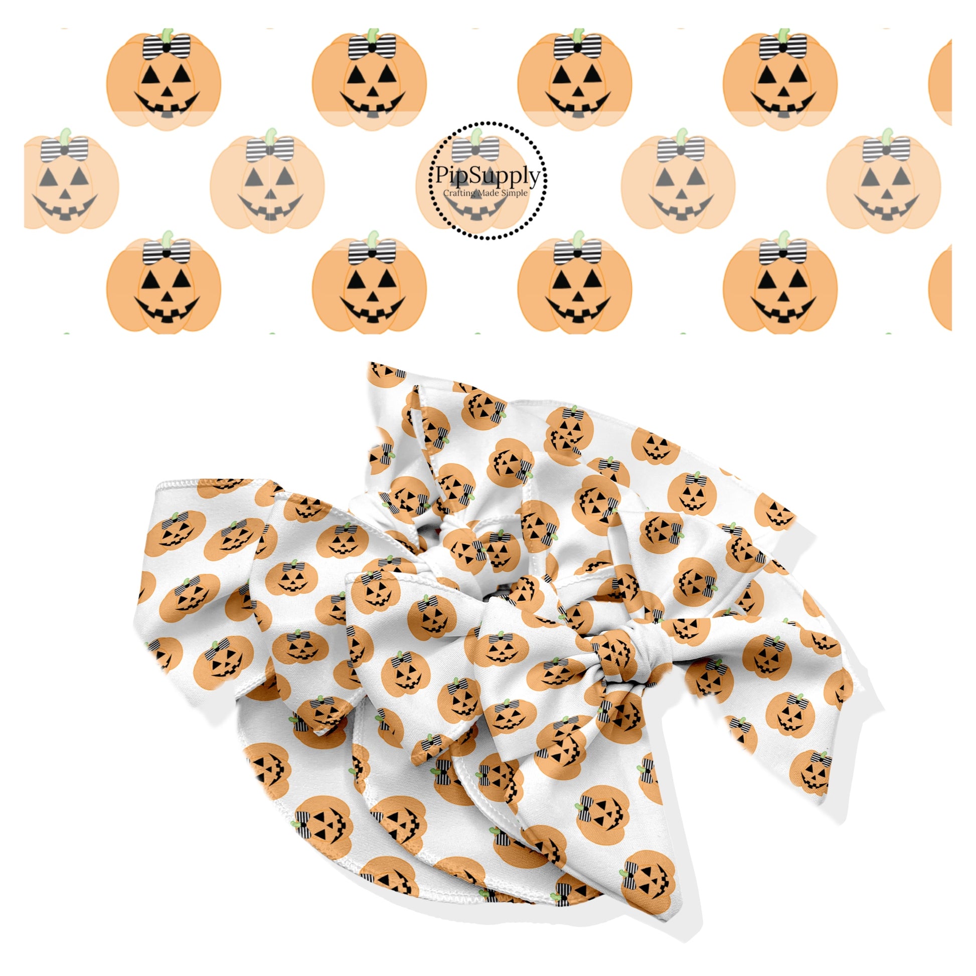 These Halloween themed no sew bow strips can be easily tied and attached to a clip for a finished hair bow. These fun spooky patterned bow strips are great for personal use or to sell. These bow strips feature the following design elements: orange pumpkins with bows.