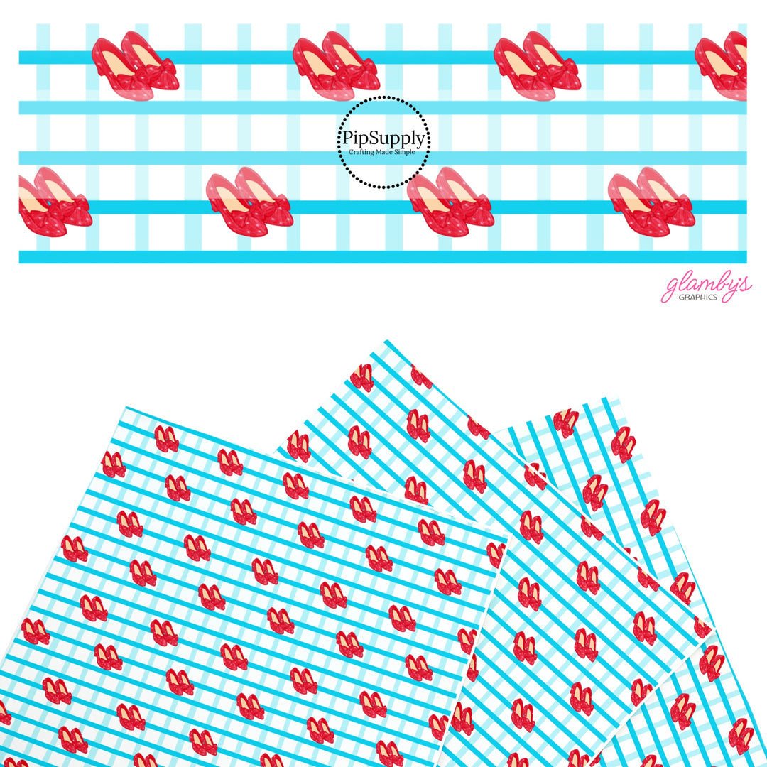 These fun themed faux leather sheets contain the following design elements: red heels on blue plaid pattern. Our CPSIA compliant faux leather sheets or rolls can be used for all types of crafting projects.