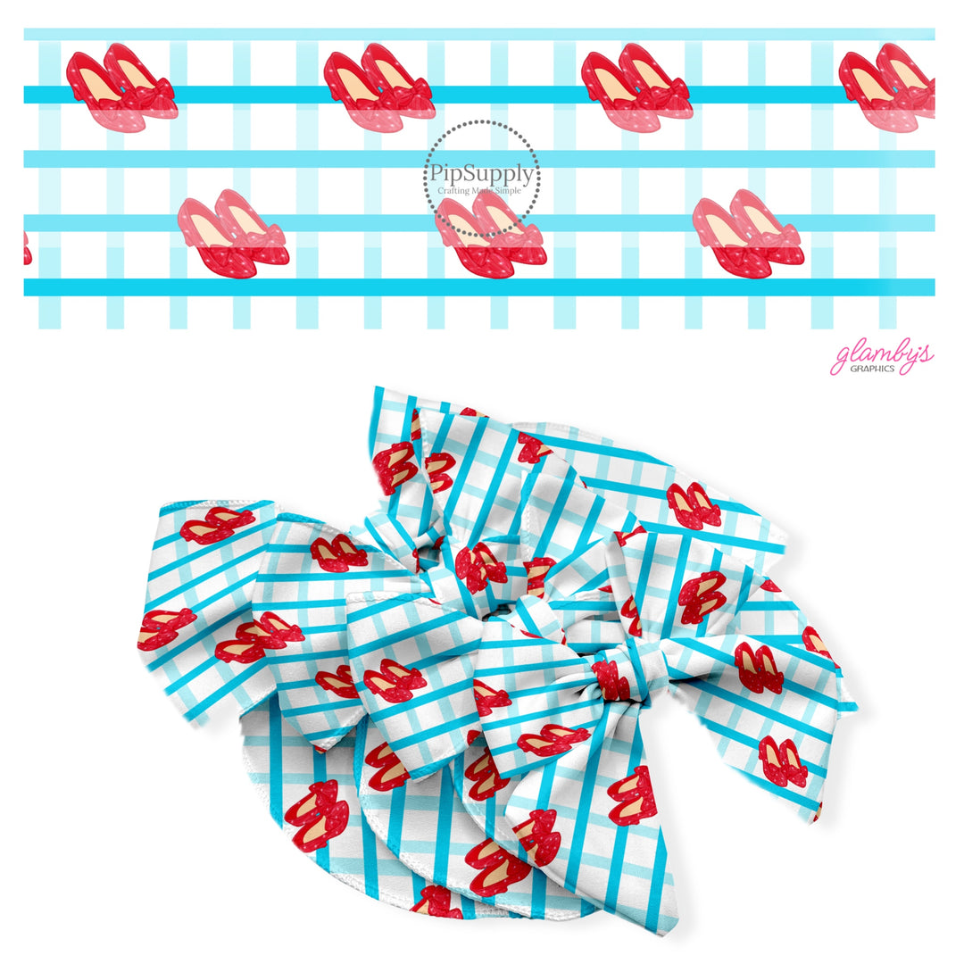 These fun themed no sew bow strips can be easily tied and attached to a clip for a finished hair bow. These fun bow strips are great for personal use or to sell. These bow strips feature the following design elements: red heels on blue plaid pattern.