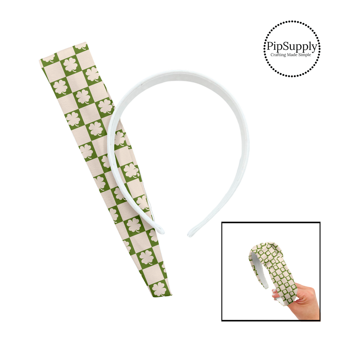 Green tiles with cream clovers on cream checker knotted headband kit