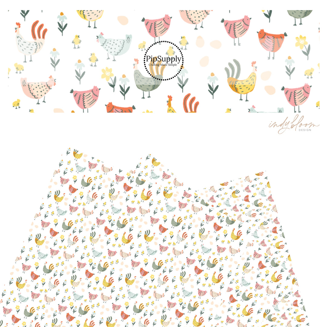 These spring pattern themed faux leather sheets contain the following design elements: chickens and small flowers. Our CPSIA compliant faux leather sheets or rolls can be used for all types of crafting projects.