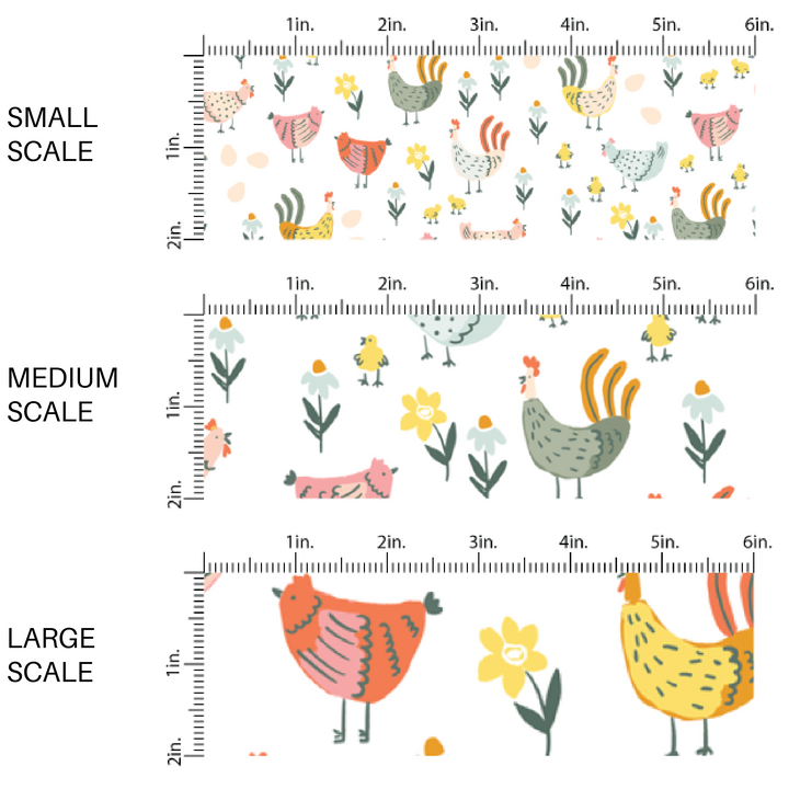 Multi-Colored Chickens and Florals on Off-White Fabric by the Yard scaled image guide.