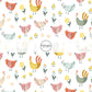 Multi-Colored Chickens and Florals on Off-White Fabric by the Yard.