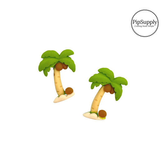 Green palm tree with brown coconuts on sand flat back resin embellishment