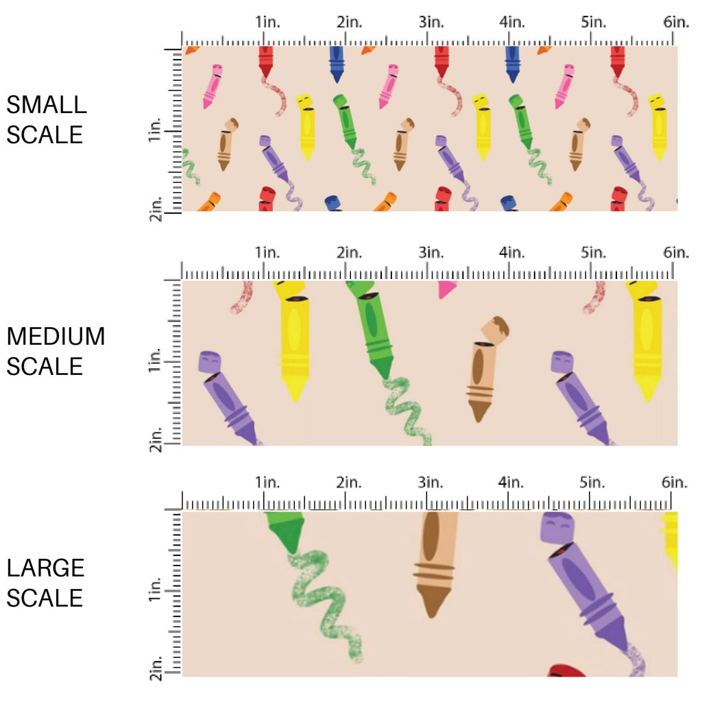 This scale chart of small scale, medium scale, and large scale of this school fabric by the yard features colorful crayons on light brown. This fun themed fabric can be used for all your sewing and crafting needs!
