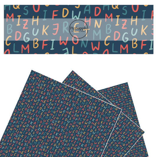 Blue multi, red, and orange letters on navy faux leather sheets