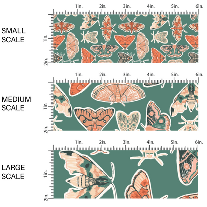This scale chart of small scale, medium scale, and large scale of these fall themed dark green fabric by the yard features multi-colored cream, orange, and green moths on dark green. This fun animal themed fabric can be used for all your sewing and crafting needs! 