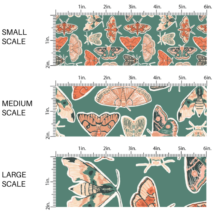 This scale chart of small scale, medium scale, and large scale of these fall themed dark green fabric by the yard features multi-colored cream, orange, and green moths on dark green. This fun animal themed fabric can be used for all your sewing and crafting needs! 