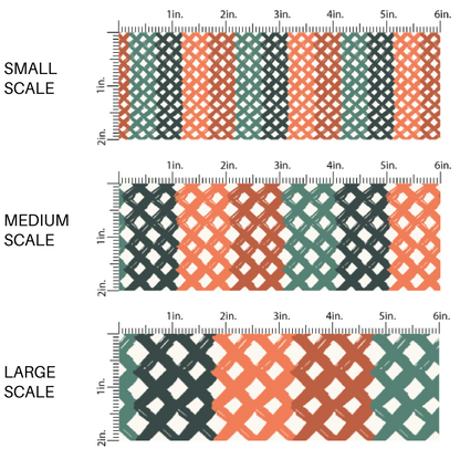 This scale chart of small scale, medium scale, and large scale of these fall lattice themed fabric by the yard features crisscross stripe pattern in orange, rust, green, and dark green. This fun lattice themed fabric can be used for all your sewing and crafting needs! 