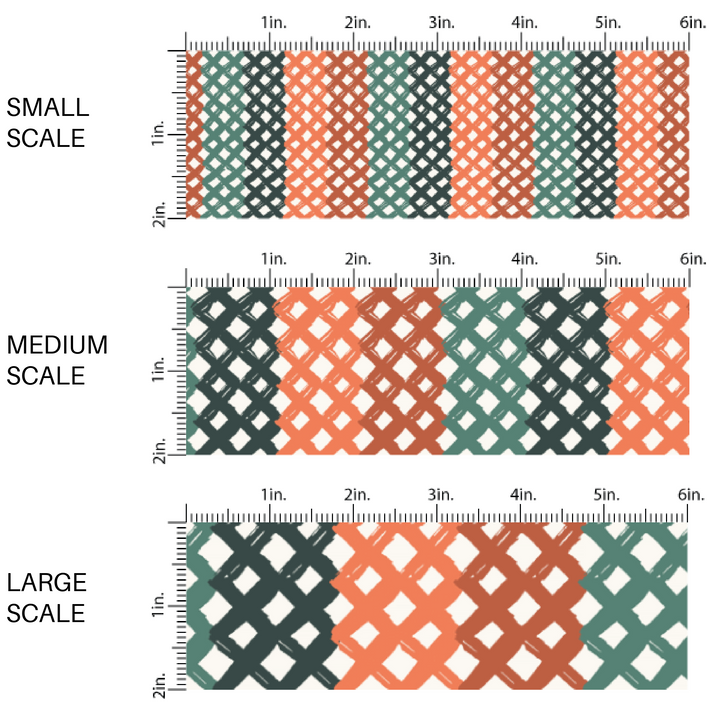 This scale chart of small scale, medium scale, and large scale of these fall lattice themed fabric by the yard features crisscross stripe pattern in orange, rust, green, and dark green. This fun lattice themed fabric can be used for all your sewing and crafting needs! 