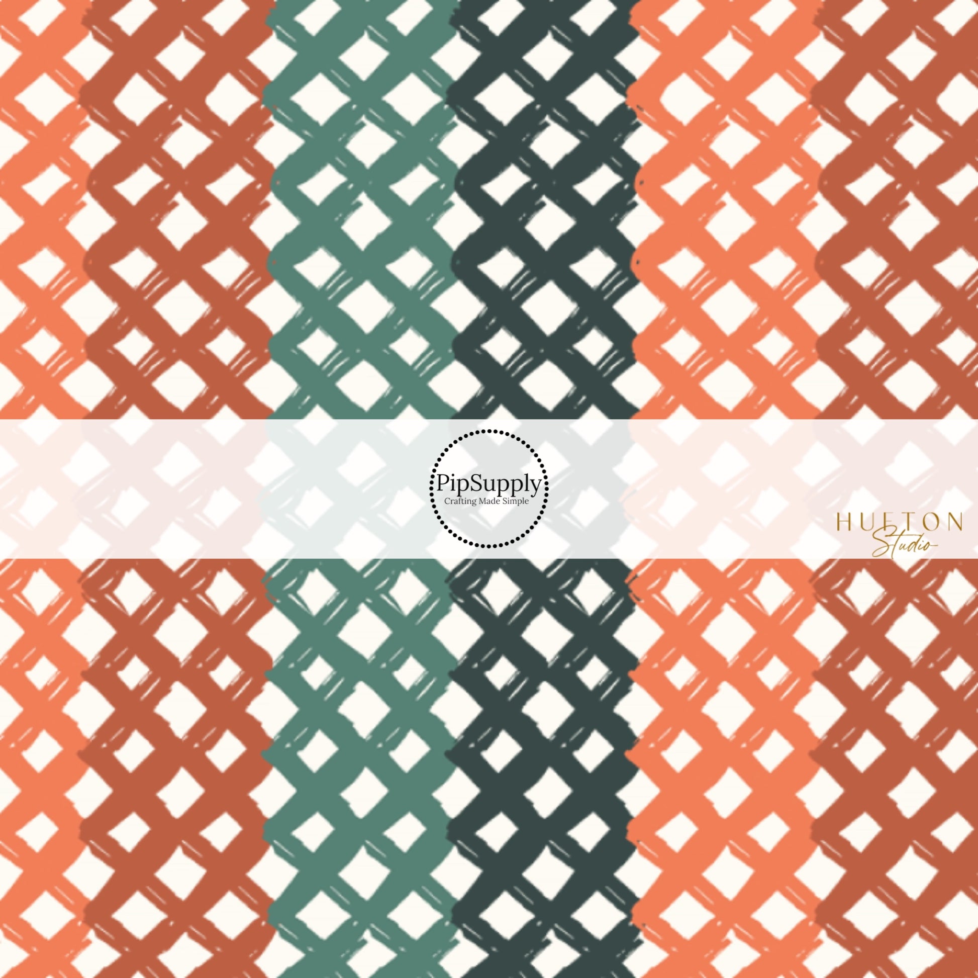 These fall lattice themed fabric by the yard features crisscross stripe pattern in orange, rust, green, and dark green. This fun lattice themed fabric can be used for all your sewing and crafting needs! 