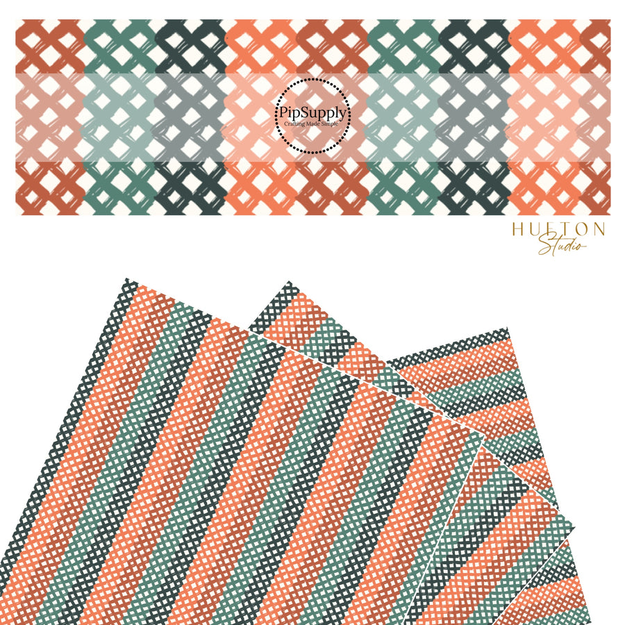 These fall lattice themed faux leather sheets contain the following design elements: crisscross stripe pattern in orange, rust, green, and dark green. Our CPSIA compliant faux leather sheets or rolls can be used for all types of crafting projects.