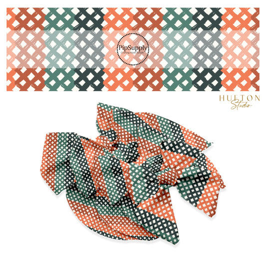 These fall lattice themed no sew bow strips can be easily tied and attached to a clip for a finished hair bow. These fun lattice bow strips are great for personal use or to sell. The bow stripes features  crisscross stripe pattern in orange, rust, green, and dark green.