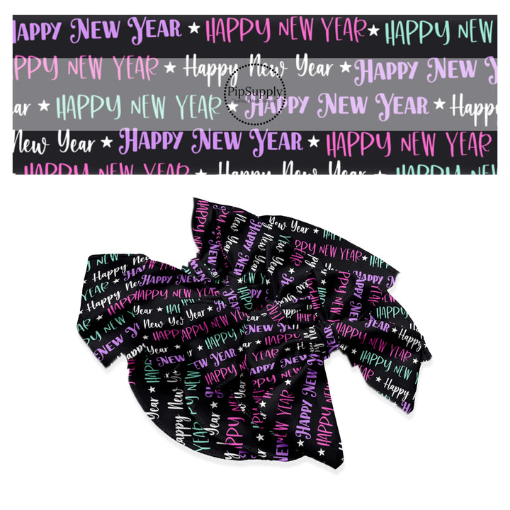 Pink, purple, aqua, and white new year sayings on black hair bow strips