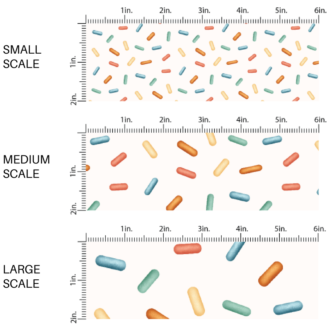 This scale chart of small scale, medium scale, and large scale of these dessert themed cream fabric by the yard features colorful sprinkles on cream. This fun party themed fabric can be used for all your sewing and crafting needs! 